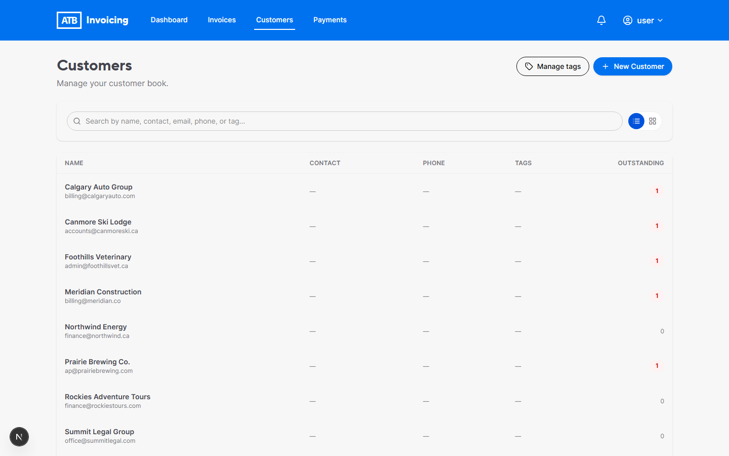 Customers page with the Add customer button
