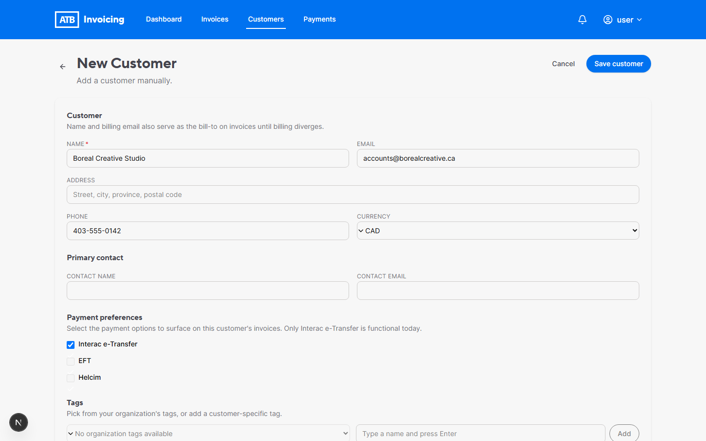 New customer form with Name, Email, and Interac e-Transfer filled in