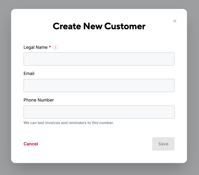 Create New Customer dialog with Legal Name, Email and Phone Number fields