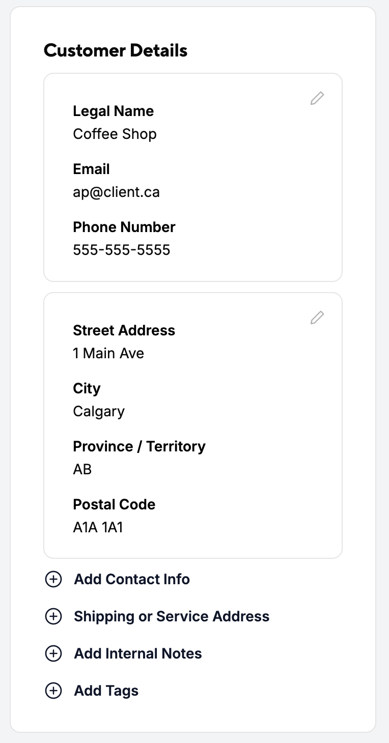 Customer Details panel showing a customer's name, contact info and address, with links to add contact info, a shipping address, notes and tags