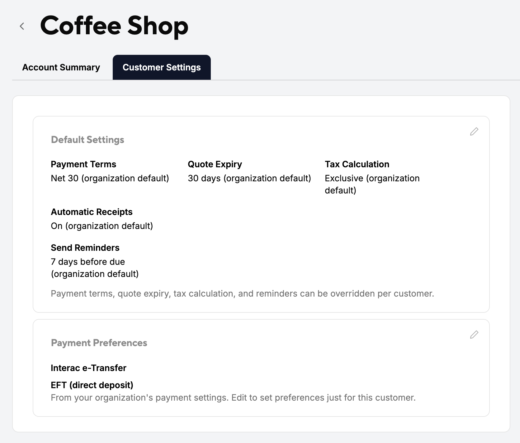 Coffee Shop customer's Customer Settings tab showing default settings and payment preferences