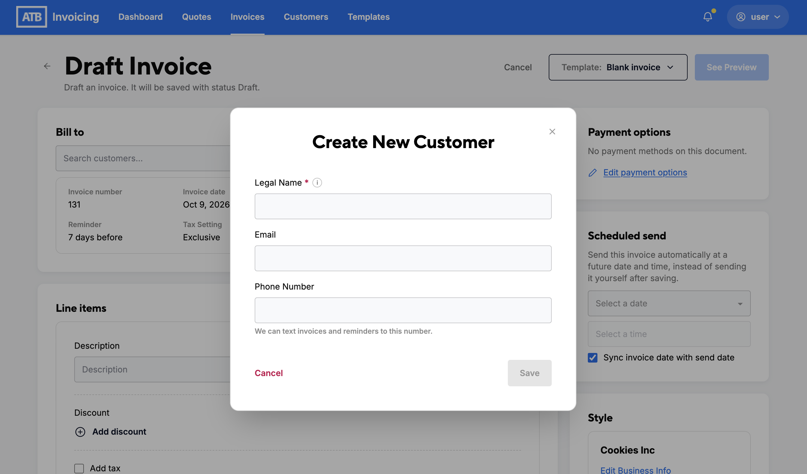 Draft Invoice page with the Create New Customer dialog open