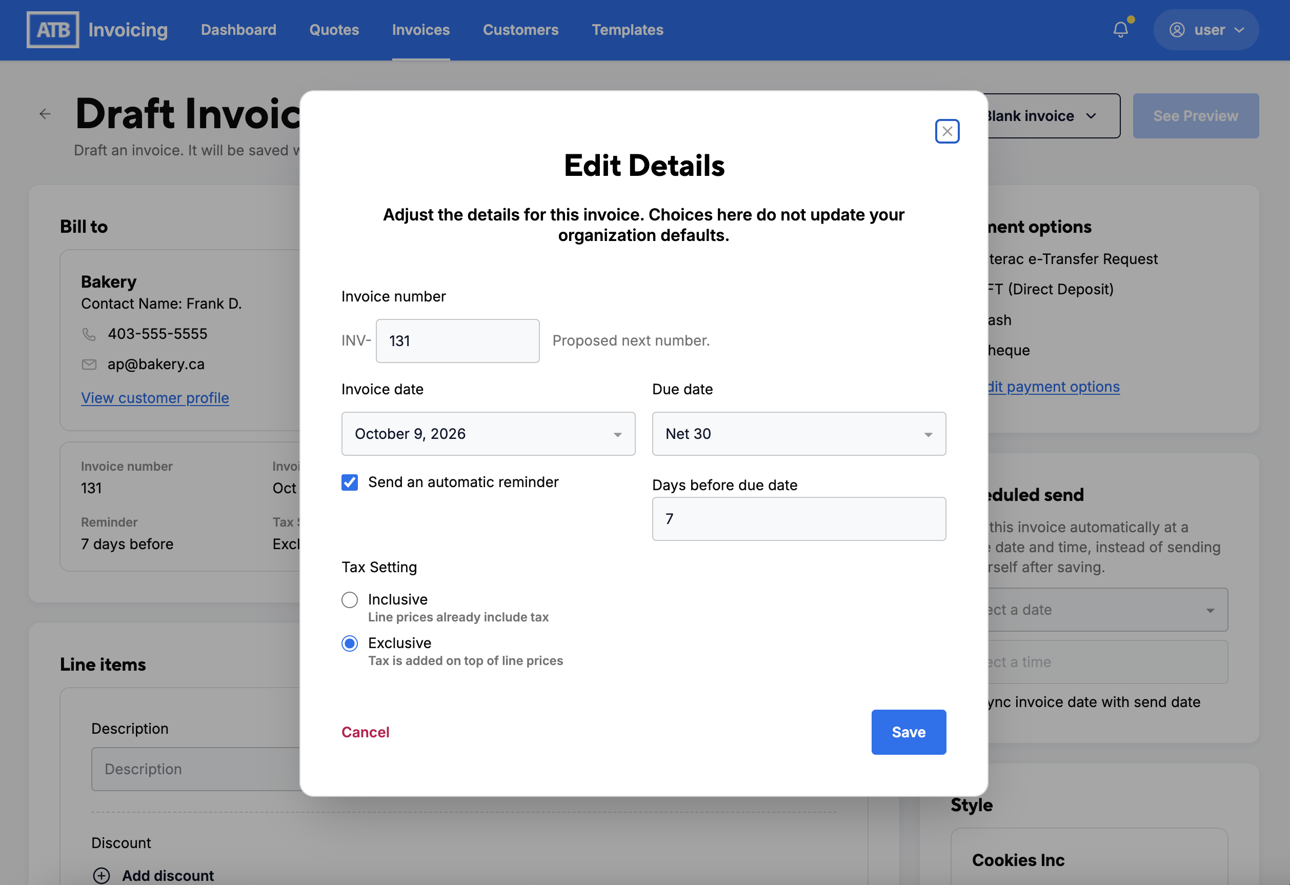Edit Details dialog on a draft invoice with invoice number, dates, reminder and tax setting