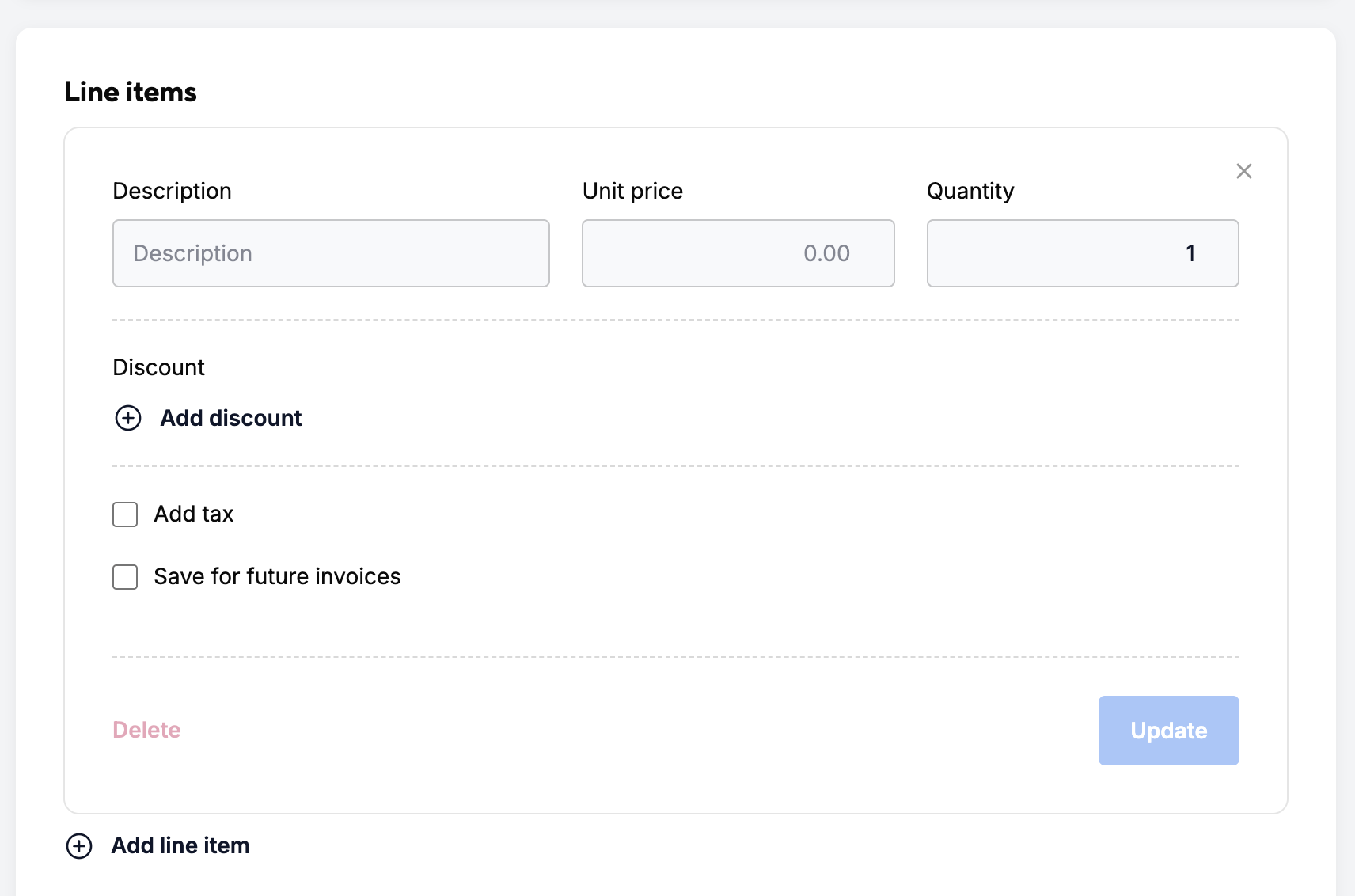 Line items section with Description, Unit price and Quantity fields, discount and tax options