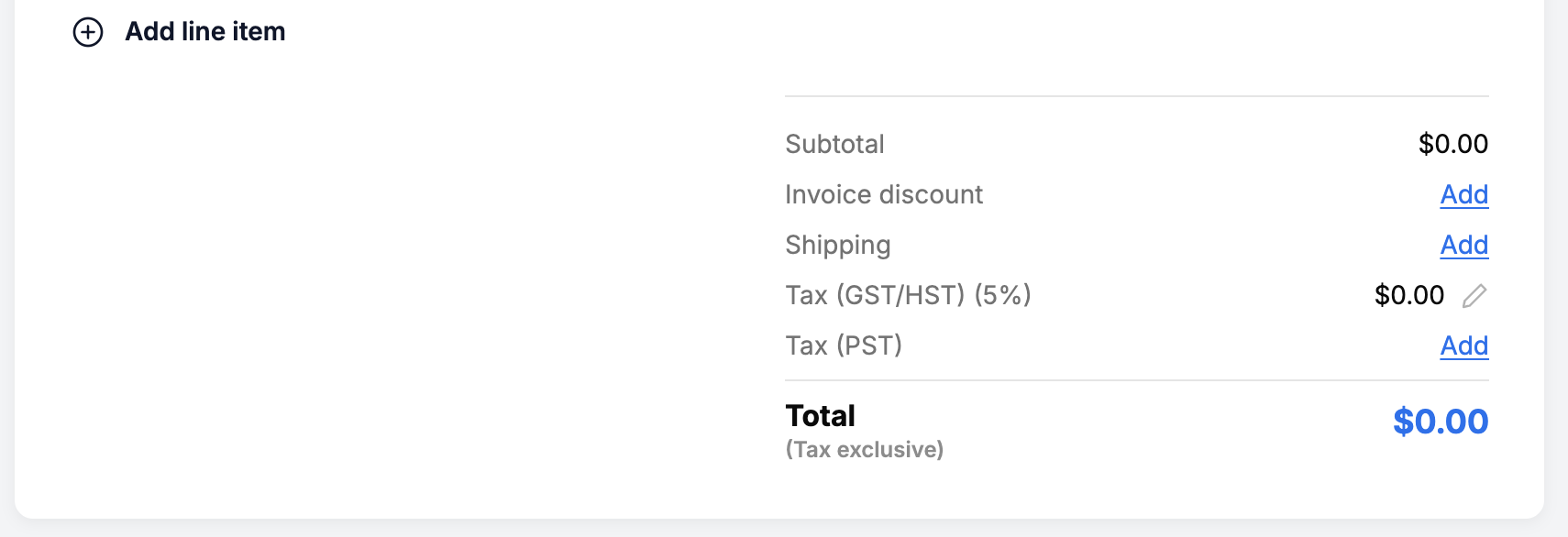 Invoice totals section showing subtotal, discount, shipping, GST/HST, PST and total