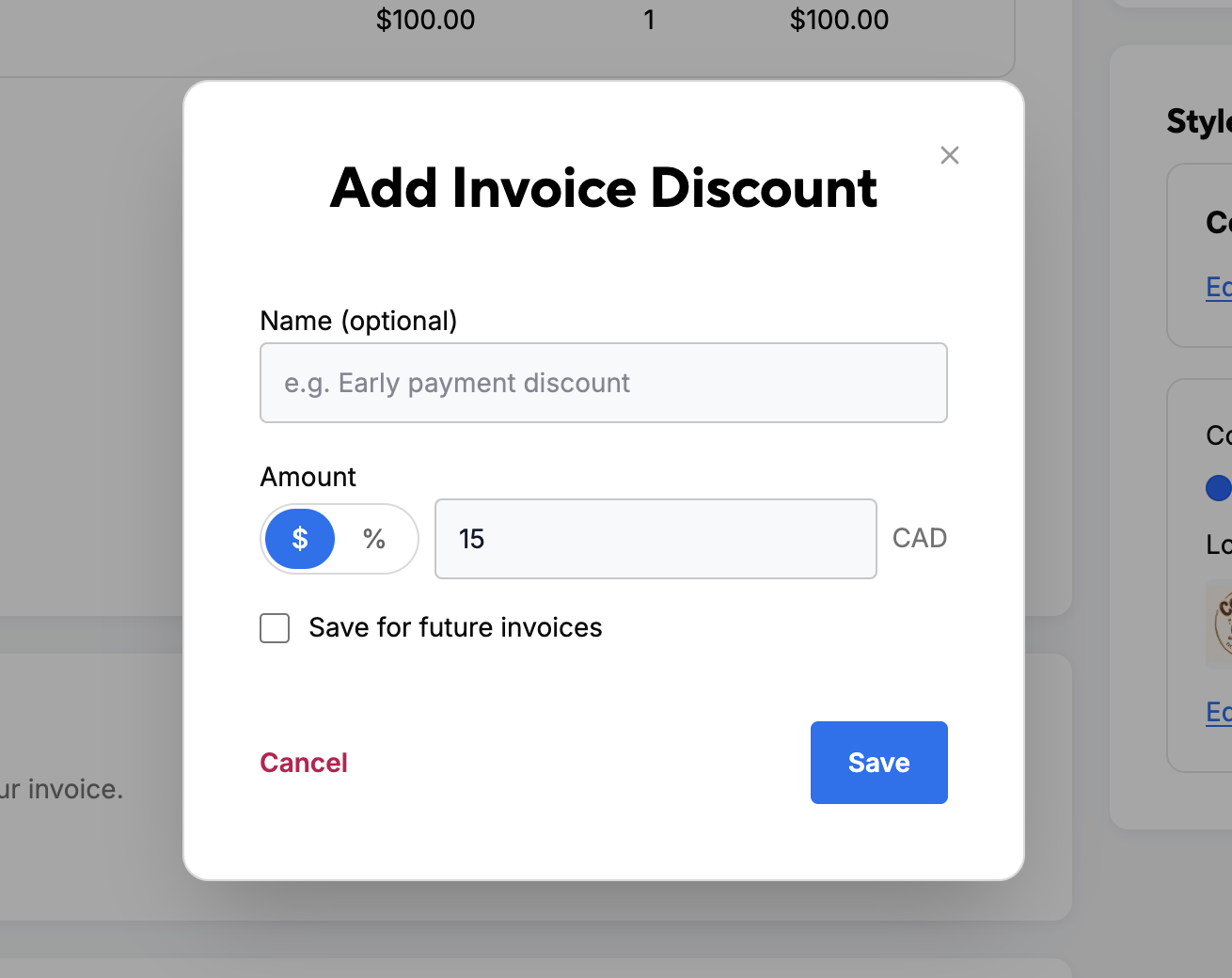 Add Invoice Discount dialog with a $15 CAD amount entered