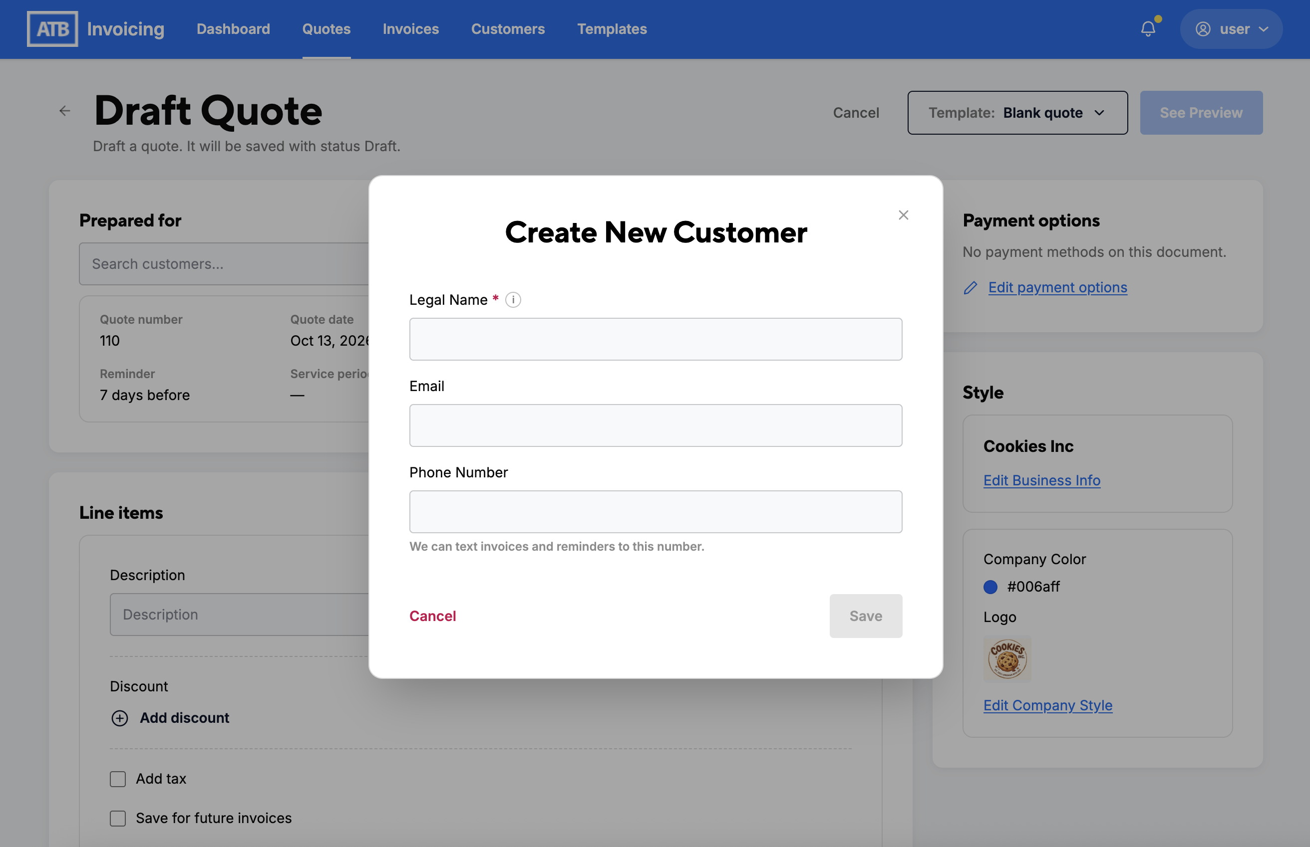 Draft Quote page with the Create New Customer dialog open