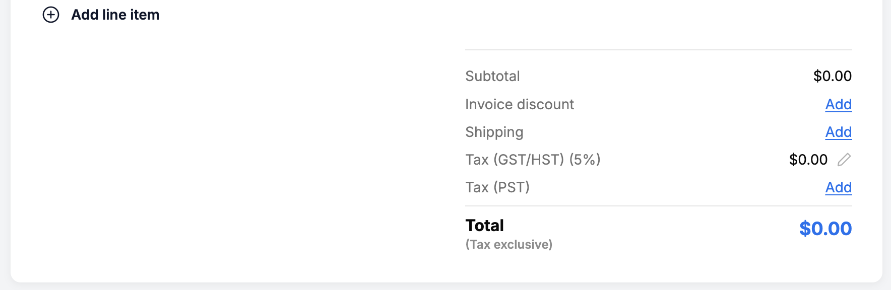 Quote totals section showing subtotal, discount, shipping, taxes and total