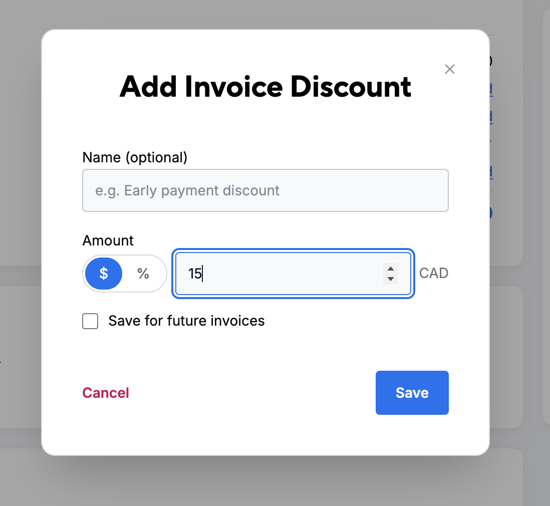 Add Invoice Discount dialog with a $15 CAD amount being typed