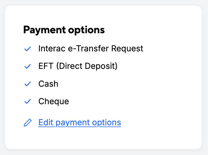 Payment options card listing Interac e-Transfer Request, EFT, Cash and Cheque