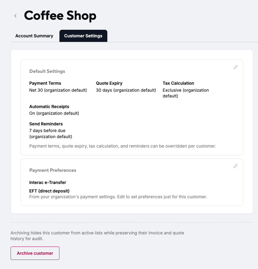 Coffee Shop Customer Settings tab with the Archive customer button