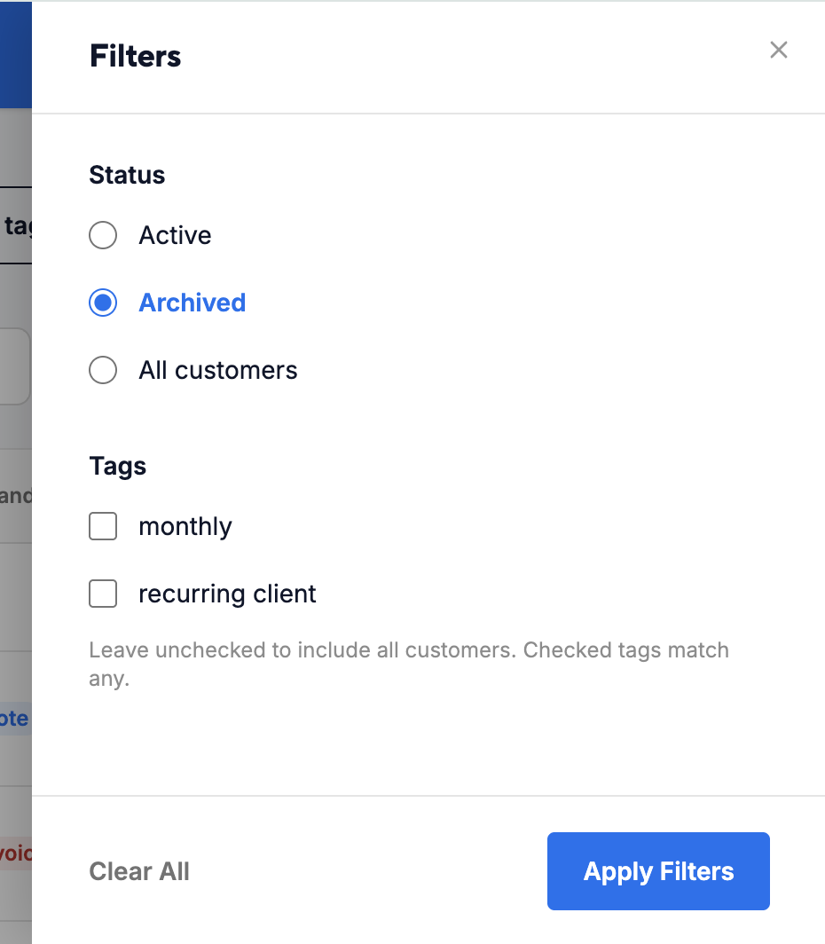 Customer Filters panel with Archived status selected and tag checkboxes