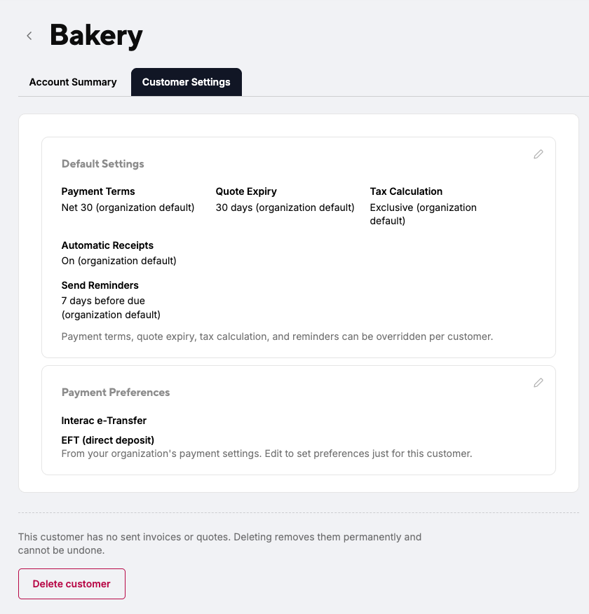 Bakery Customer Settings tab with the Delete customer button