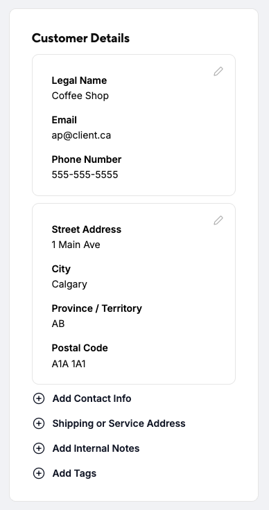 Customer Details panel with contact info, address and links to add more details