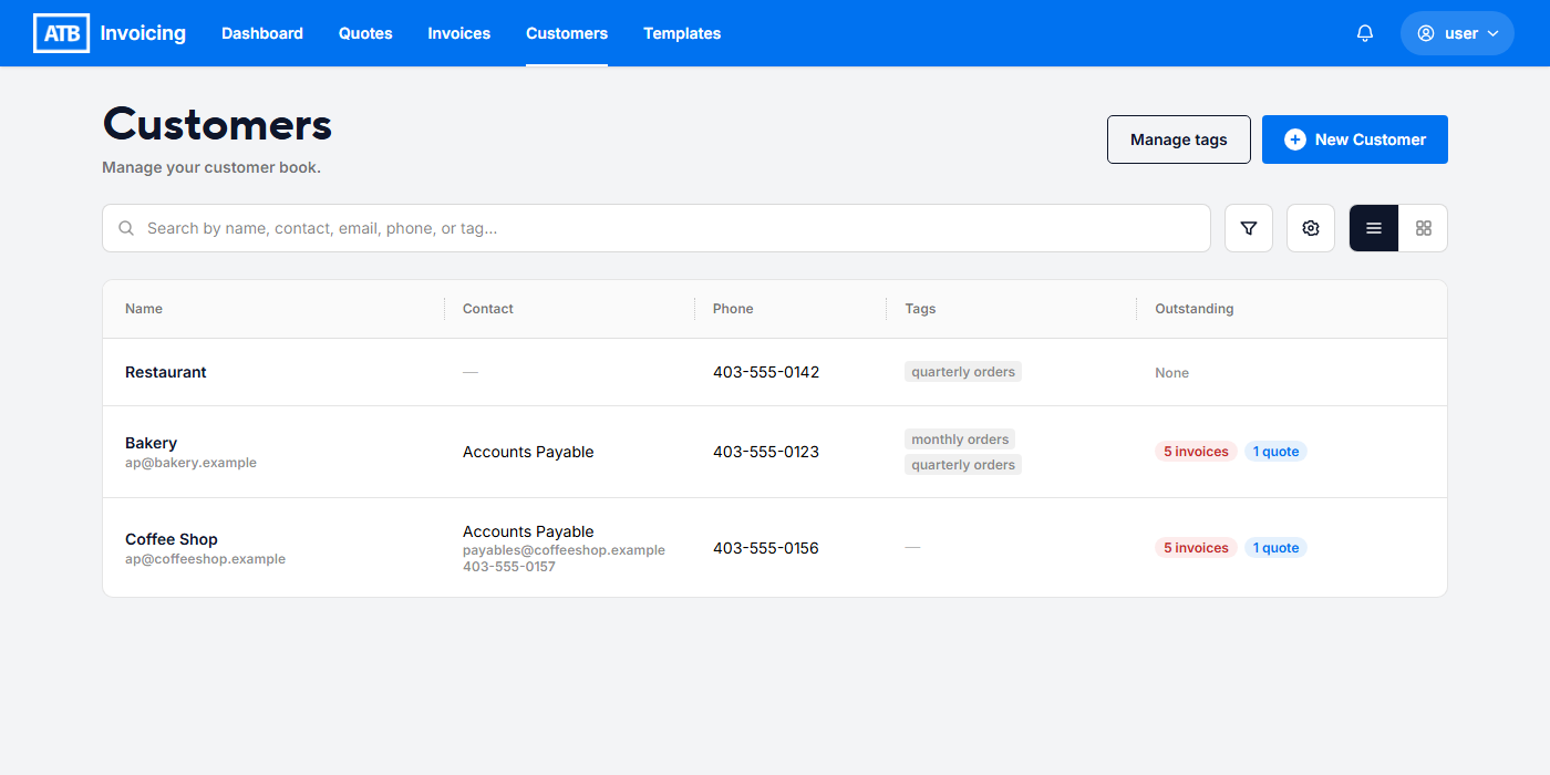 The Customers directory with contacts, phone numbers, tags and outstanding counts