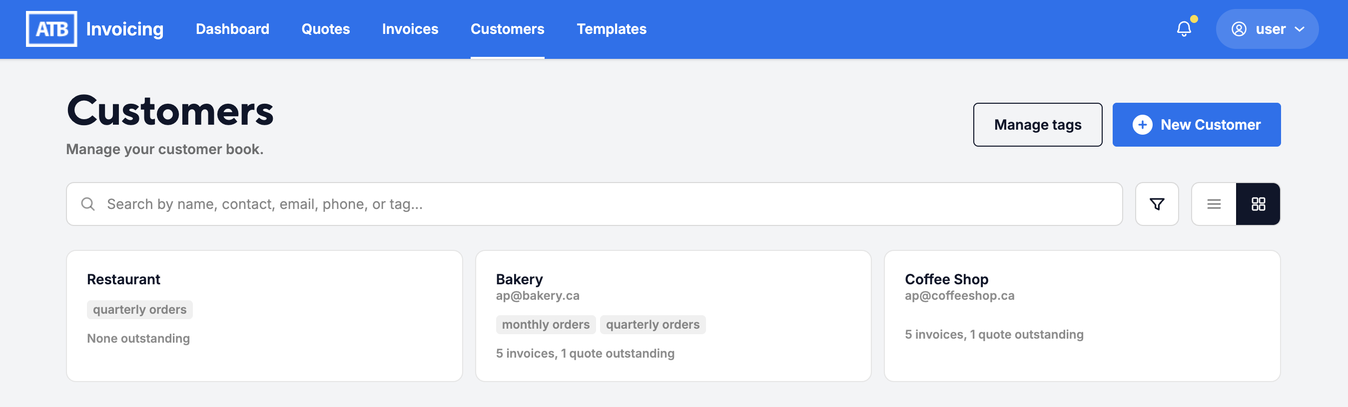 The Customers page in card view, with Manage tags, New Customer, search and three customer cards