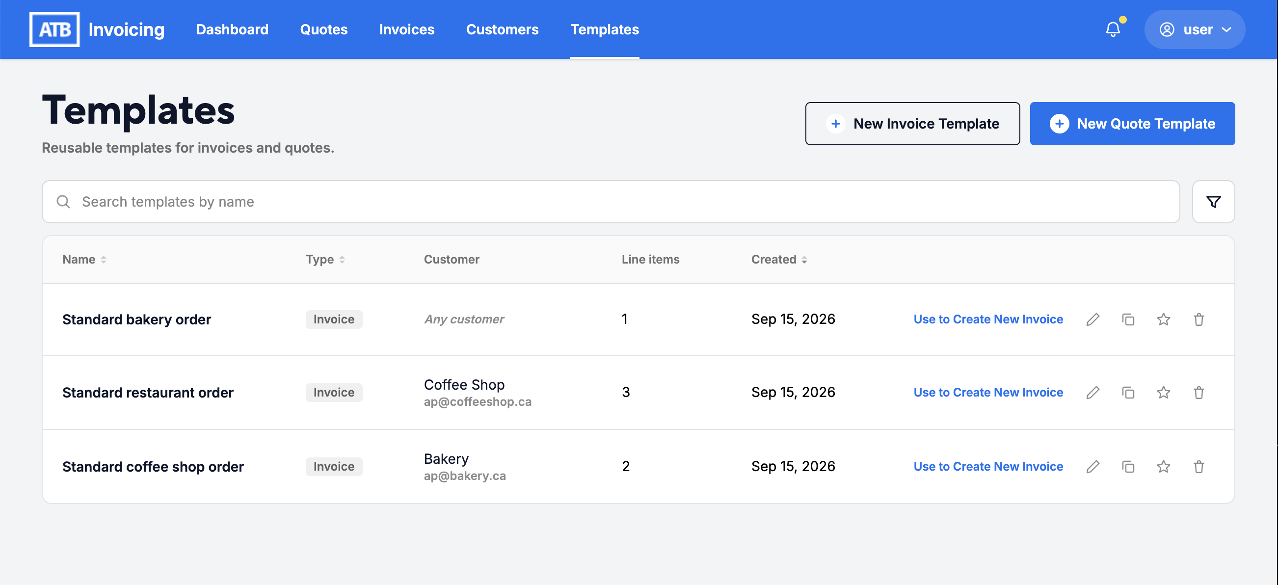 The Templates page listing three invoice templates with customer, line item count, created date and actions