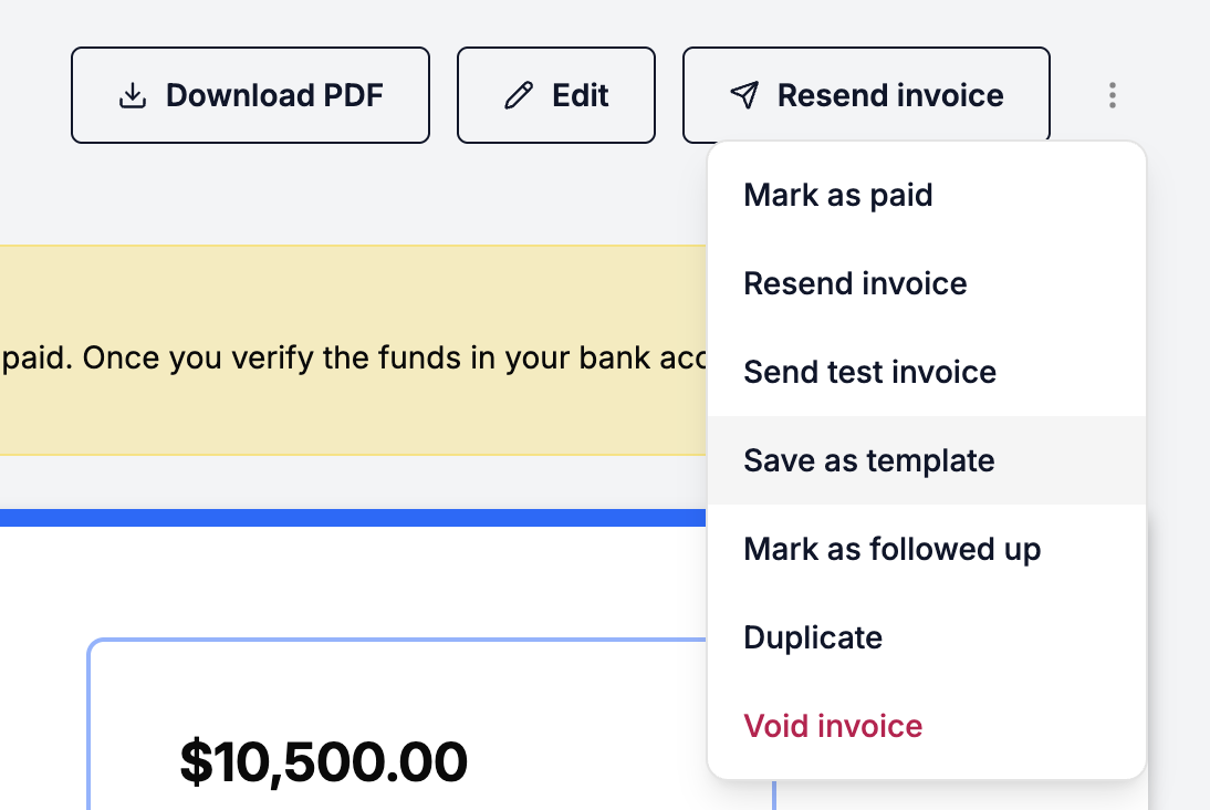 The sent invoice More actions menu with Save as template highlighted