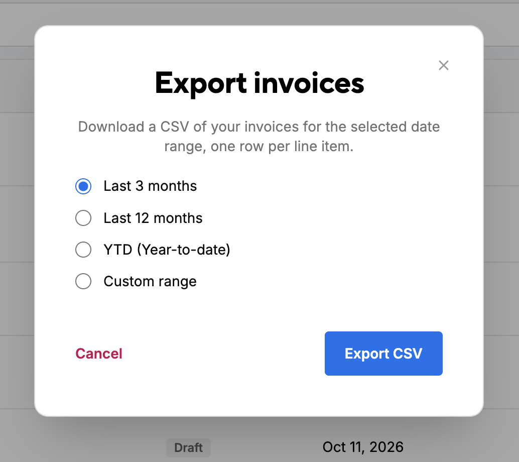 The Export invoices dialog with date range options: last 3 months, last 12 months, year to date and custom range
