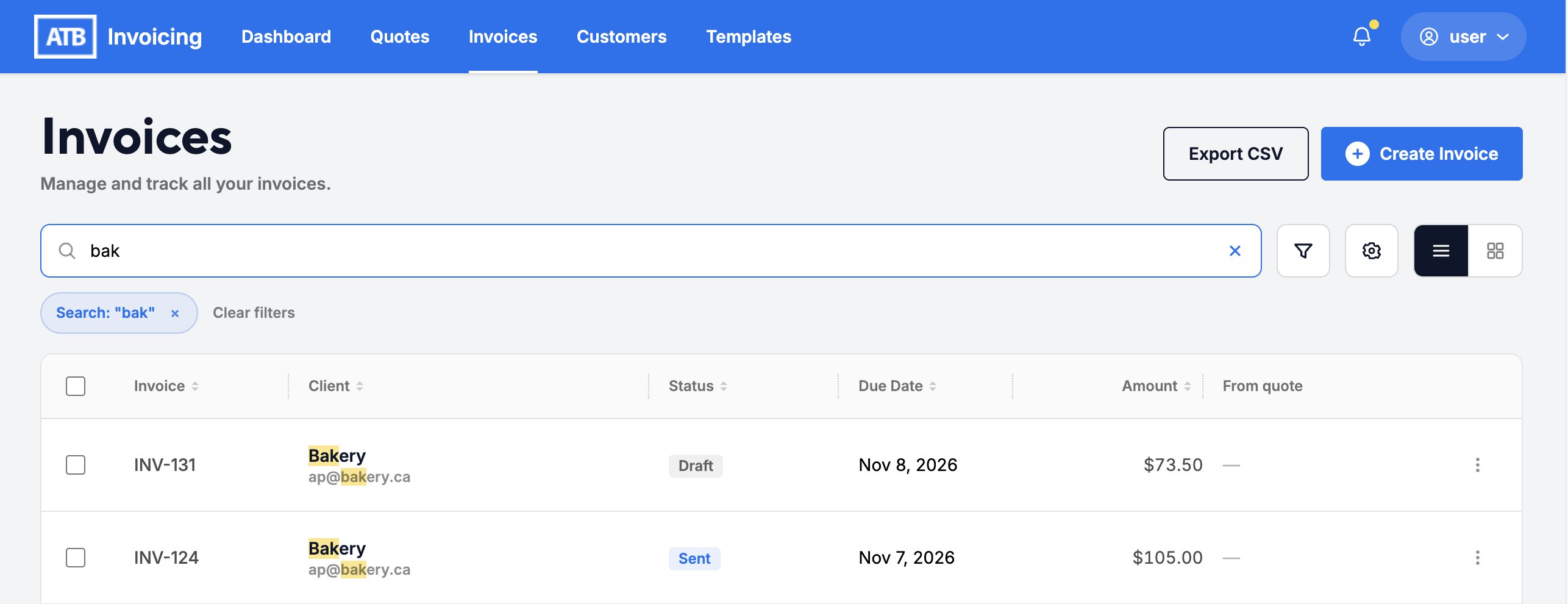 The Invoices list filtered by the search 'bak', with matching text highlighted and a Clear filters link