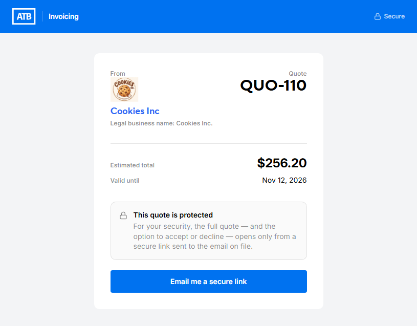 The customer view of a protected quote with the Email me a secure link button
