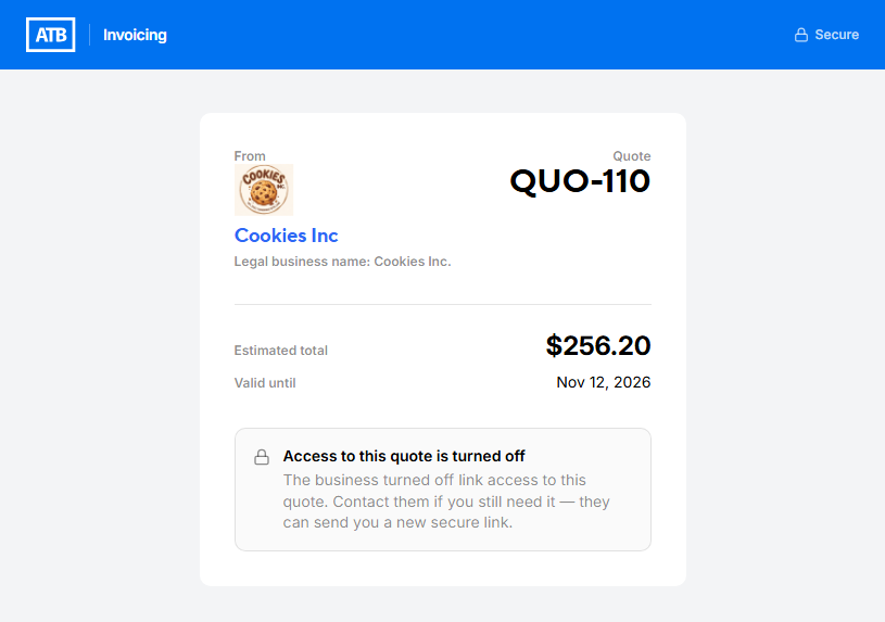 The customer view after access to the quote is turned off