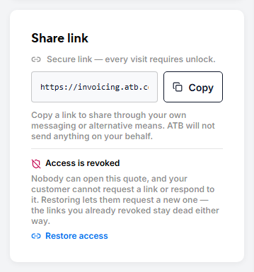 The Share link card after access is revoked, with Restore access